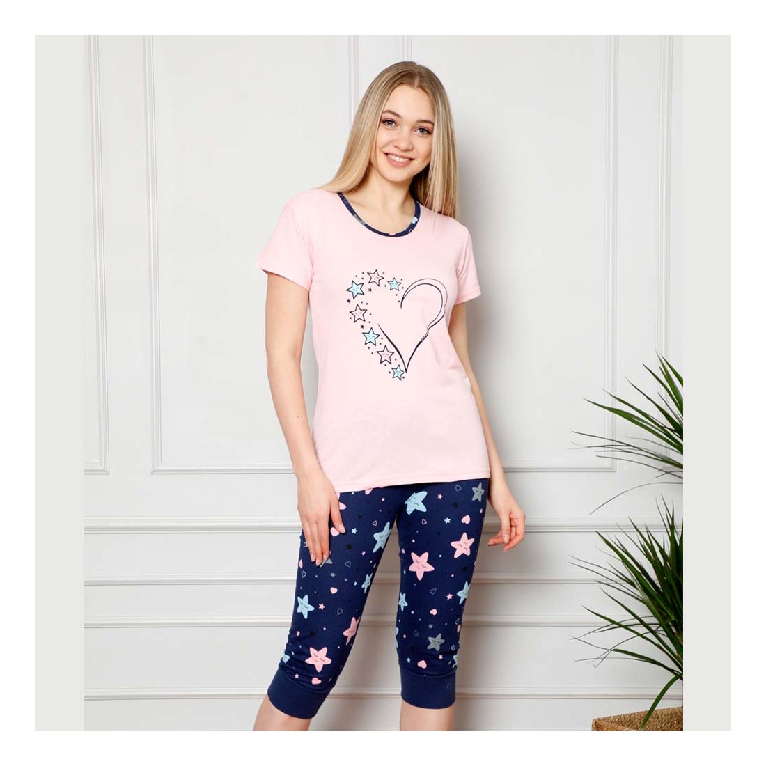 Śliczna różowa piżama damska z sercem dwuczęściowa M L XL 2XL