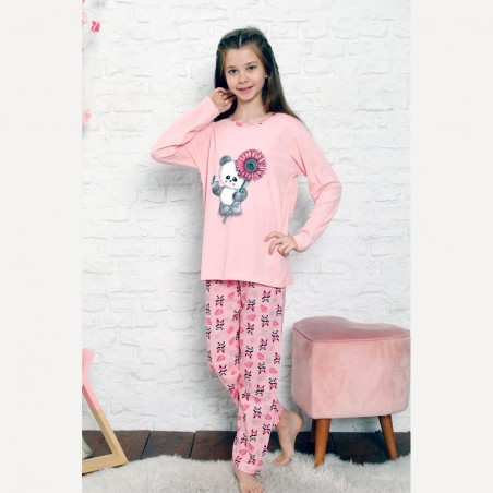 Bawełniana pudrowo-różowa piżama dziewczęca z pandą 134 do 164