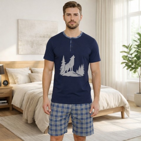 Granatowa piżama męska bawełniana dwuczęściowa z wilkiem Krótkie spodenki w kratę